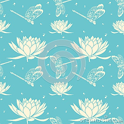 Vector flower seamless pattern background. Elegant texture for backgrounds. With dragonfly and lotus flower Vector Illustration