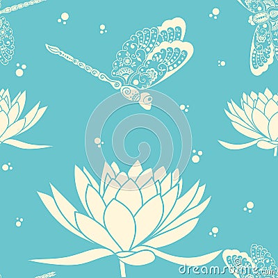 Vector flower seamless pattern element. Elegant texture for backgrounds. With dragonfly and lotus flower Vector Illustration