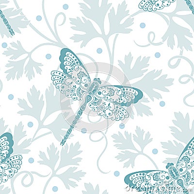 Vector flower seamless pattern element. Elegant texture for backgrounds. With dragonfly and parsley Vector Illustration