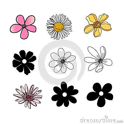 Vector Flowers Black Clip art elements. Cartoon Illustration