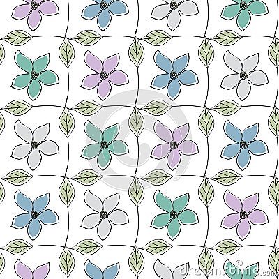 Vector Flowers in Blue Gray Pink Aqua in Green Leaves Grid on White Background Seamless Repeat Pattern. Background for Vector Illustration