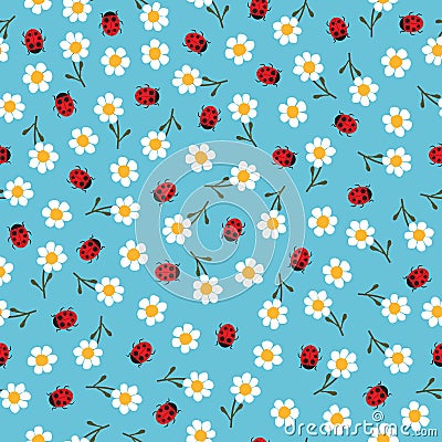 Vector flowers and ladybugs seamless pattern Vector Illustration