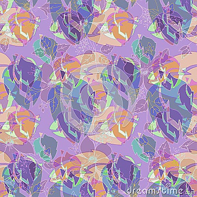 Vector, flowers and leaves seamless pattern, in purple, orange, blue, green, plane purple background Vector Illustration