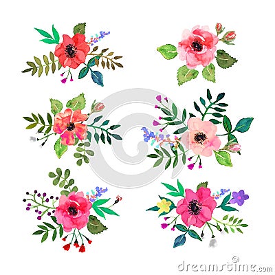 Vector flowers set. Colorful floral collection with leaves and f Vector Illustration