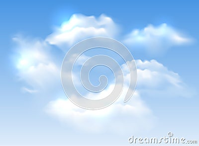 Vector fluffy realistic white clouds on blue sky background Vector Illustration