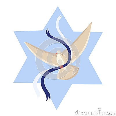 Vector flying dove of peace with blue ribbons bringing peace and support to Israel with star of David illustration Vector Illustration