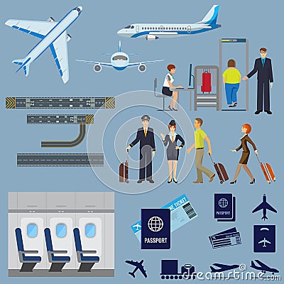 Vector flying passenger aircrafts, plane, check-in, pilot and stewardess Vector Illustration