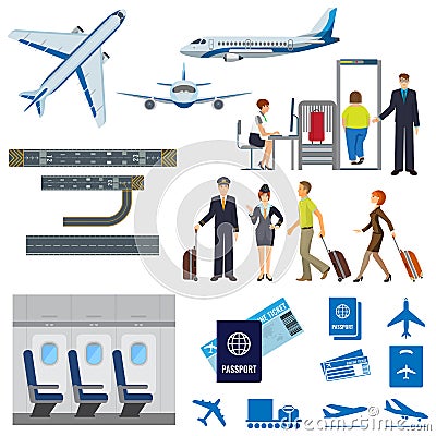 Vector flying passenger aircrafts, plane, check-in, pilot and stewardess Vector Illustration