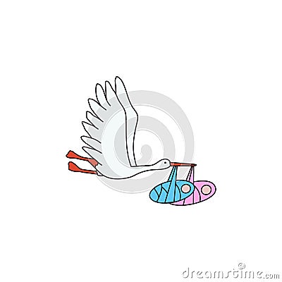 Vector flying stork carrying new-born babies Stock Photo