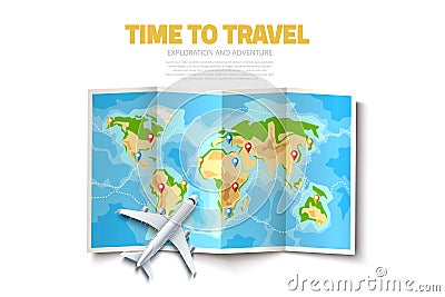 Vector folded world map destination pointer pins Vector Illustration