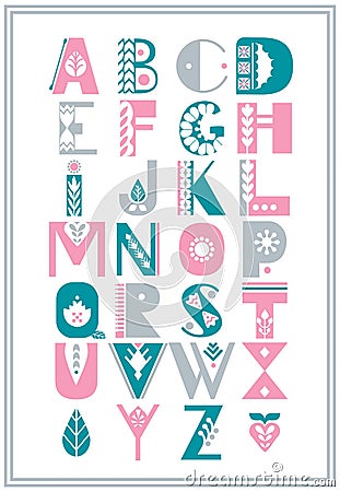 Vector folk alphabet decorated with nordic folk ornaments. Display font. Vector Illustration