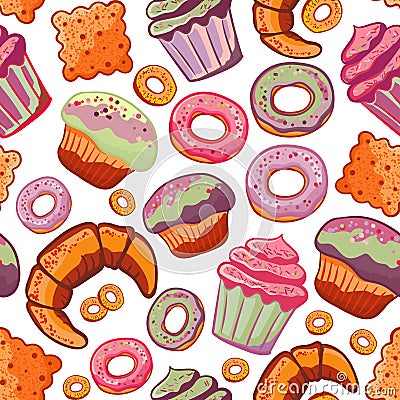 Vector food bakery seamless pattern with baked goods. Flour products from pastry shop. Illustration for print, web. Stock Photo