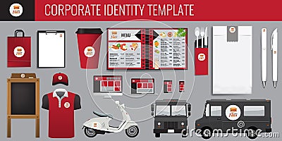 Vector food corporate identity template design set. Red and black color Branding vector mock up for your design. Vector Illustration