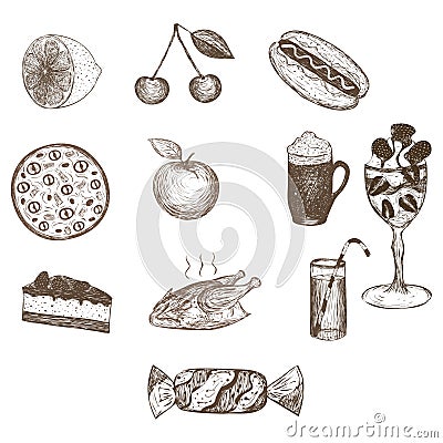 vector food and drinks set in vintage retro style Vector Illustration