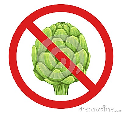 Vector forbidden sign with hand drawn artichokes isolated from background. Allergy danger. Prohibited sticker with head of cabbage Vector Illustration