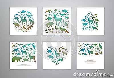 Vector forest animals set vector templates with text. Flat animals silhouettes in square and round frame. Heart shape. Stock Photo