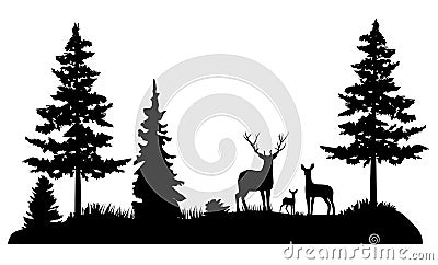 Vector forest deer family, deer in the woods. Vector Illustration