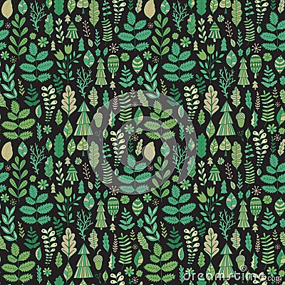 Vector forest design, floral seamless pattern, leaf background. Plants ornament. Vector Illustration