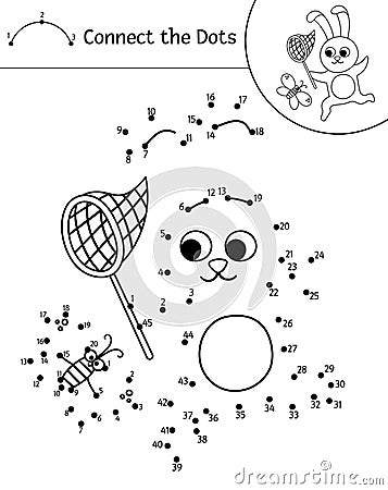 Vector forest dot-to-dot and color activity with cute hare catching butterfly with a net. Summer connect the dots game for Vector Illustration