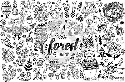 Vector forest elements in doodle childish style Vector Illustration