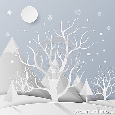 Forest with snow and mountain. paper art style. Vector Illustration