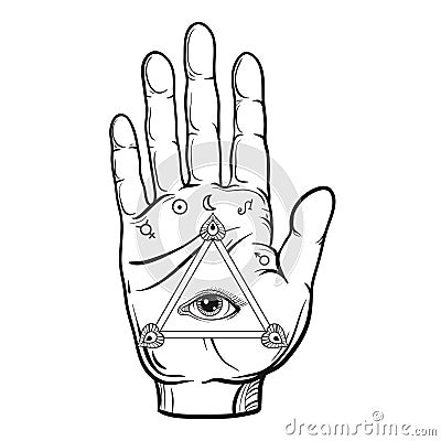 Vector fortune teller hand sketch with hand drawn all seeing eye Vector Illustration