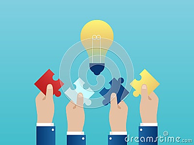 Vector of four hands together reaching out with puzzle pieces having a successful idea Vector Illustration