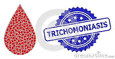 Distress Trichomoniasis Watermark and Fractal Blood Drop Icon Collage Vector Illustration