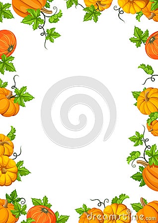 Frame background with orange pumpkins and green leaves. Vector illustration. Vector Illustration