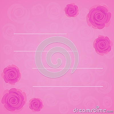 Vector frame of beautiful pink roses on gradient pink background with transparent pink roses silhouette. Flat style of flowers Vector Illustration