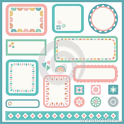 Vector frame and border set for kids. Set of cute design elements with geometric detail. Vector Illustration
