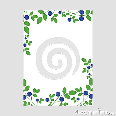 Vector frame decorated with blueberry branches with green leaves. Vector Illustration