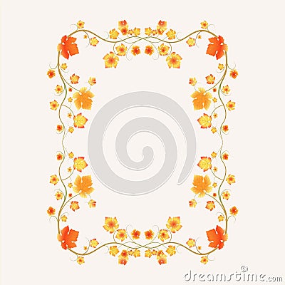 Vector frame decorated with branches with autumn grape leaves. Retro style. Vector Illustration