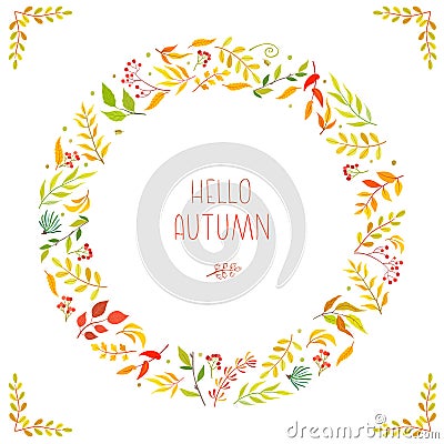 Vector frame of floral branch, wreaths, leaves. Autumn concept. Floral poster, invite Vector Illustration