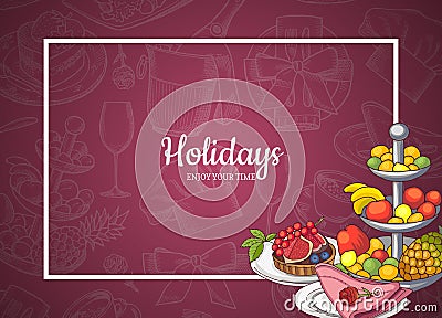 Vector frame with food plates on background of hand drawn restaurant Vector Illustration