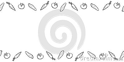 Vector frame from outline fresh vegetables- cucumbers, tomatoes, carrots. Horizontal top and bottom edging, border Vector Illustration