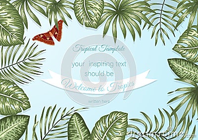 Vector frame template with tropical leaves and atlas moth on blue background Vector Illustration