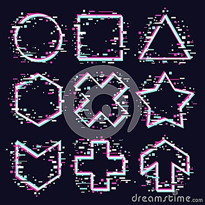 Vector frames set. Glitch style design element. Abstract minimal backgrounds. Trendy geometric style. Vector Illustration