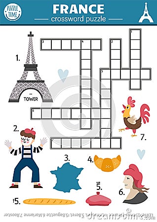 Vector France crossword puzzle for kids. Simple French quiz for children with traditional symbols. Educational activity with Vector Illustration