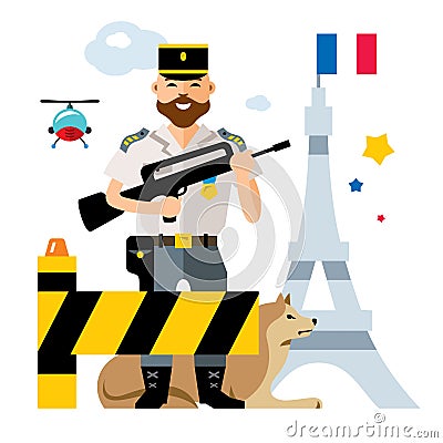 Vector France Police. Ensuring security in the capital. Flat style colorful Cartoon illustration. Vector Illustration