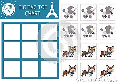 Vector France tic tac toe chart with poodle and bulldog. Board game playing field. Funny French printable worksheet. Noughts and Vector Illustration