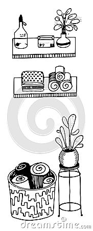 Vector interior with basket with clothes, shelfs and cactus in the pot Vector Illustration