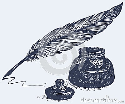 Vector freehand drawing of ancient pen and inkwell Vector Illustration