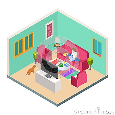Vector freelance, remote work isometric concept. Woman work from home in living room Vector Illustration