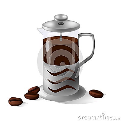 Vector french press on the white background and coffee beans Vector Illustration