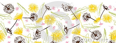 Vector fresh retro floral dandelions blowballs and daisies seamless border Stock Photo