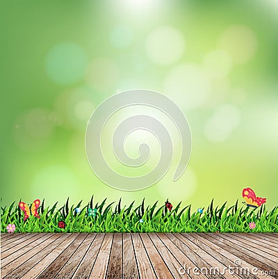 Vector fresh spring grass with green bokeh and sunlight and wood floor Vector Illustration