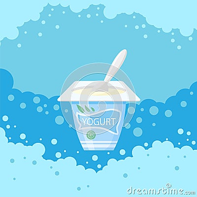 Vector fresh yogurt container and plastic spoon on blue bubble background Vector Illustration