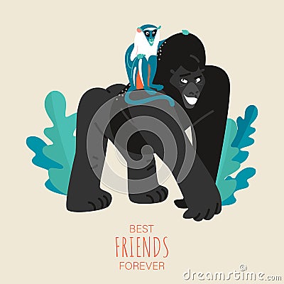 Vector friendship day card with funny gorilla and monkey. Best friends forever Vector Illustration