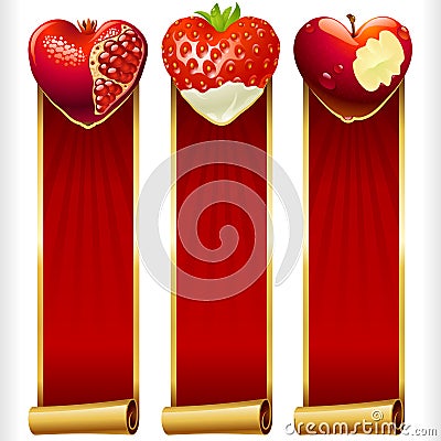 Vector Fruit Hearts and Red Ribbons vertical Banners set Vector Illustration